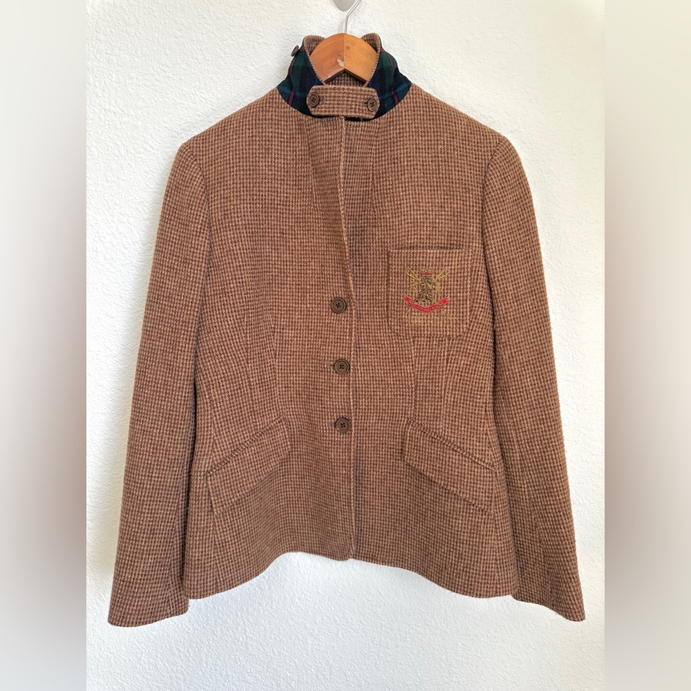 Vintage Ralph Lauren houndstooth riding blazer pure Woolmark Plaid Trim Italy 12 - Picture 3 of 17